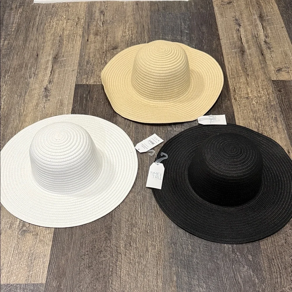 3 Stylish Wide Brim Hats in Black, White, and Tan